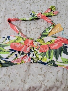 Tropical Floral Bandeau Halter Bikini Top - Coral & Green